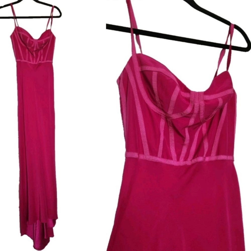 DINA BAR-EL Hot Pink 100% SILK Dress Corset Bias Cut Maxi Floor Cocktail sz 2
